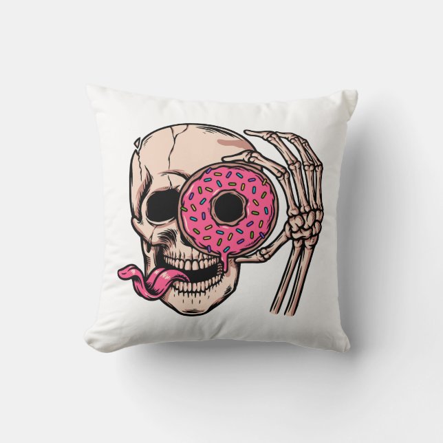 Skull Face With Doughnut dark humour  sweet and so Cushion (Front)