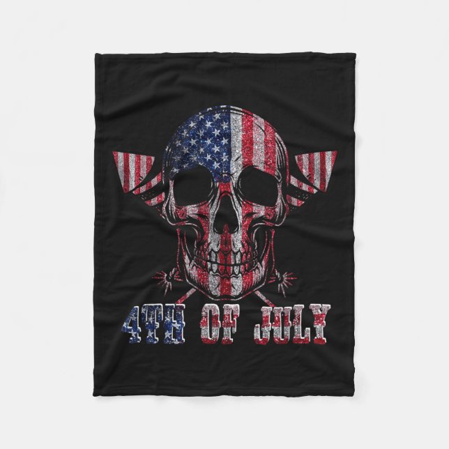 Skull Fireworks Independence Day American Flag 4th Fleece Blanket (Front)