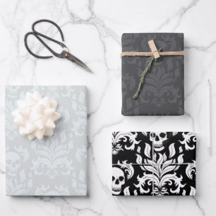 Skull Flame Damask classic black white collection Wrapping Paper Sheet