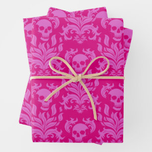 Skull Flame Damask in bubblegum pink on hot pink Wrapping Paper Sheet