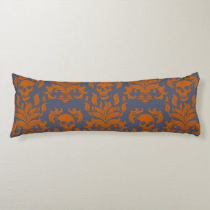 Skull Flame Damask in clashing orange on blue grey Body Cushion
