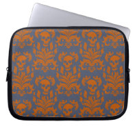 Skull Flame Damask in clashing orange on blue grey