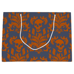 Skull Flame Damask in clashing orange on blue grey Large Gift Bag