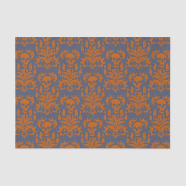 Skull Flame Damask in clashing orange on blue grey Tissue Paper (Front)