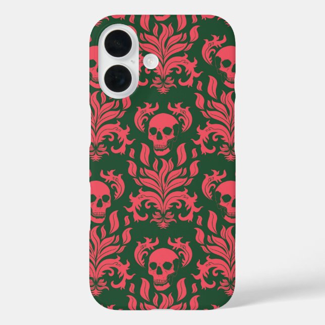 Skull Flame Damask in clashing pink on dark green Case-Mate iPhone Case (Back)