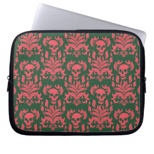 Skull Flame Damask in clashing pink on dark green Laptop Sleeve