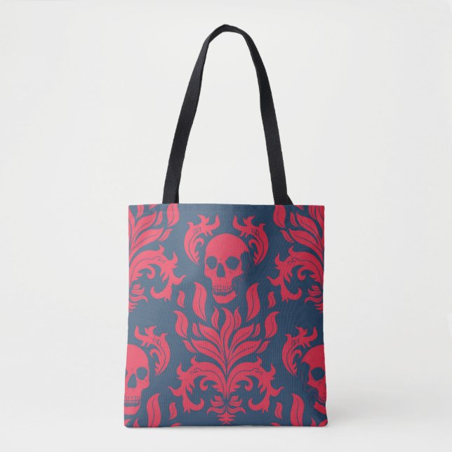 Skull Flame Damask in clashing red on blue Tote Bag (Front)