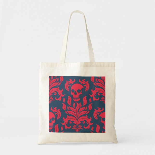 Skull Flame Damask in clashing red on blue Tote Bag (Front)