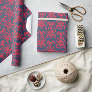 Skull Flame Damask in clashing red on blue Wrapping Paper