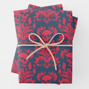 Skull Flame Damask in clashing red on blue Wrapping Paper Sheet