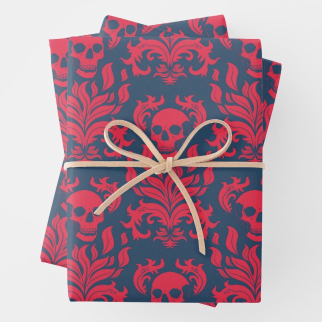 Skull Flame Damask in clashing red on blue Wrapping Paper Sheet (In situ)