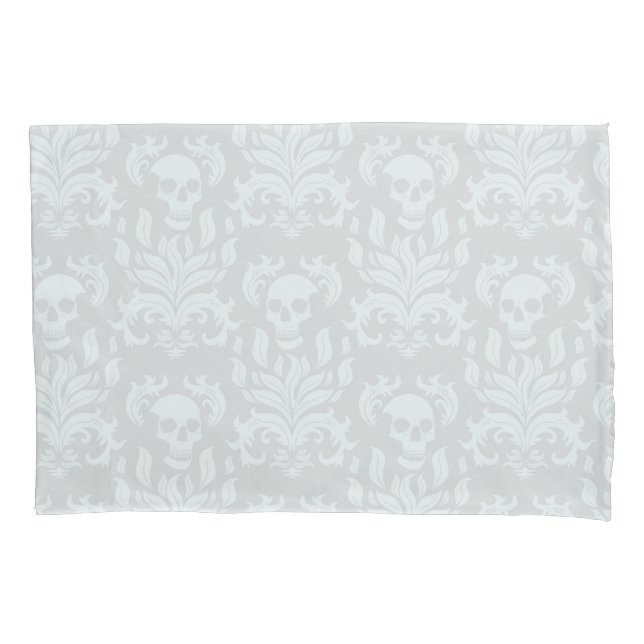 Skull Flame Damask in classic white on white Pillowcase (Front-Left)