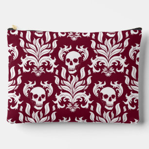 Skull Flame Damask in crisp white on deep red Accessory Pouch