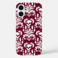 Skull Flame Damask in crisp white on deep red