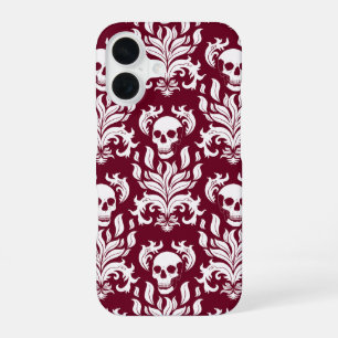 Skull Flame Damask in crisp white on deep red iPhone 16 Case