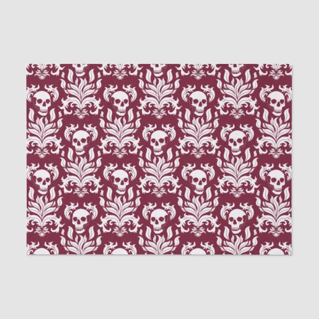 Skull Flame Damask in crisp white on deep red Tissue Paper (Front)