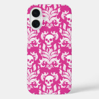 Skull Flame Damask in crisp white on hot pink