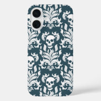 Skull Flame Damask in crisp white on slaty blue