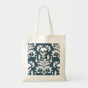 Skull Flame Damask in crisp white on slaty blue Tote Bag