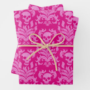 Skull Flame Damask in glitter-effect pink on pink Wrapping Paper Sheet