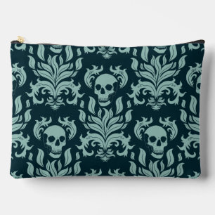 Skull Flame Damask in mint green on deep blue Accessory Pouch