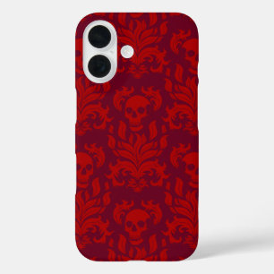 Skull Flame Damask in moody red on red iPhone 16 Case