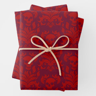 Skull Flame Damask in moody red on red Wrapping Paper Sheet