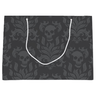 Skull Flame Damask in moody shades of grey Large Gift Bag