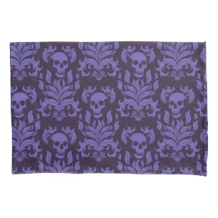Skull Flame Damask in moody shades of purple Pillowcase