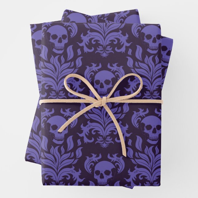 Skull Flame Damask in moody shades of purple Wrapping Paper Sheet (In situ)