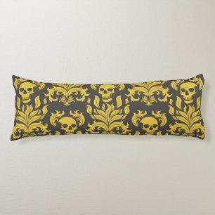 Skull Flame Damask in moody yellow on dark grey Body Cushion