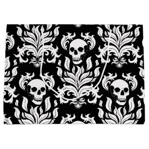 Skull Flame Damask in stark white on black Large Gift Bag