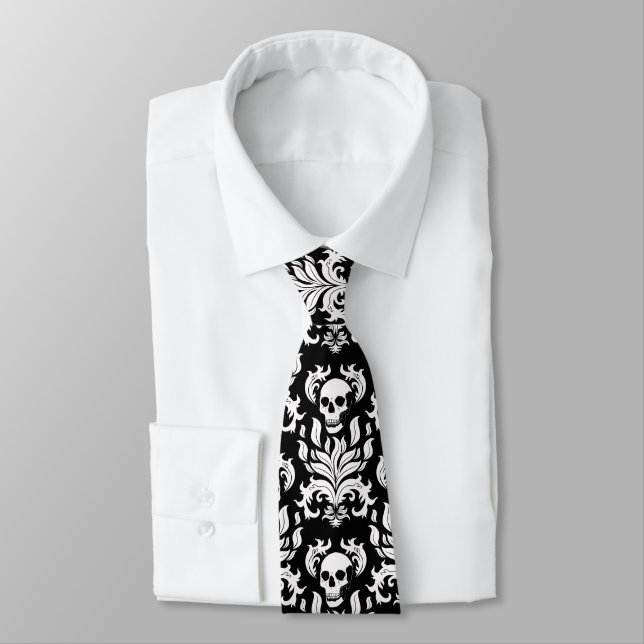 Skull Flame Damask in stark white on black Tie (Tied)