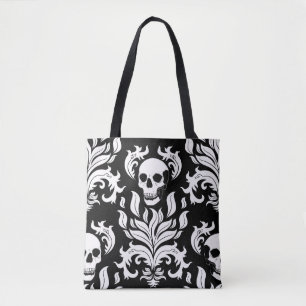 Skull Flame Damask in stark white on black Tote Bag