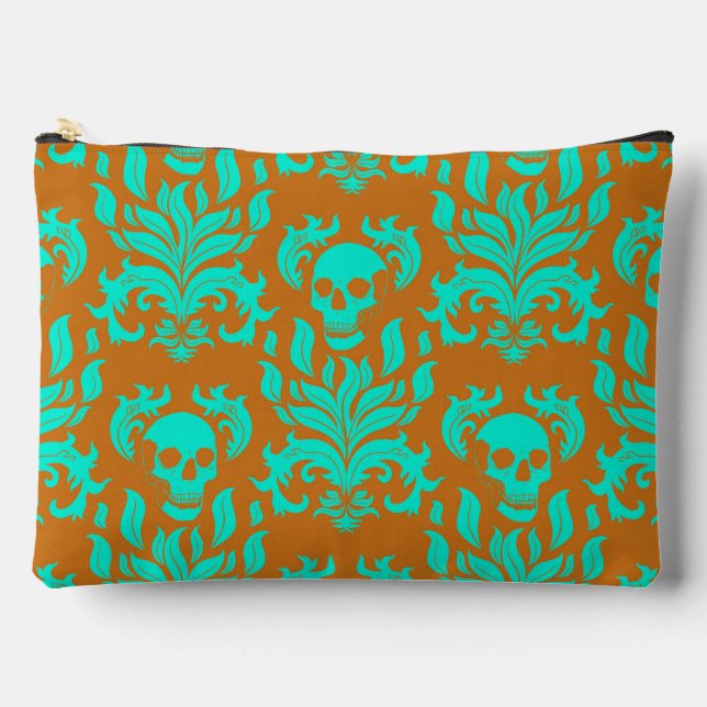 Skull Flame Damask in toxic green on orange Accessory Pouch (Front)