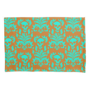 Skull Flame Damask in toxic green on orange Pillowcase
