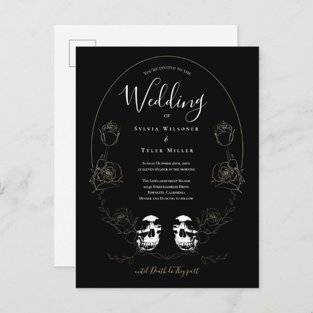 Skull Floral Black Gothic  Invitation Postcard (Front/Back)