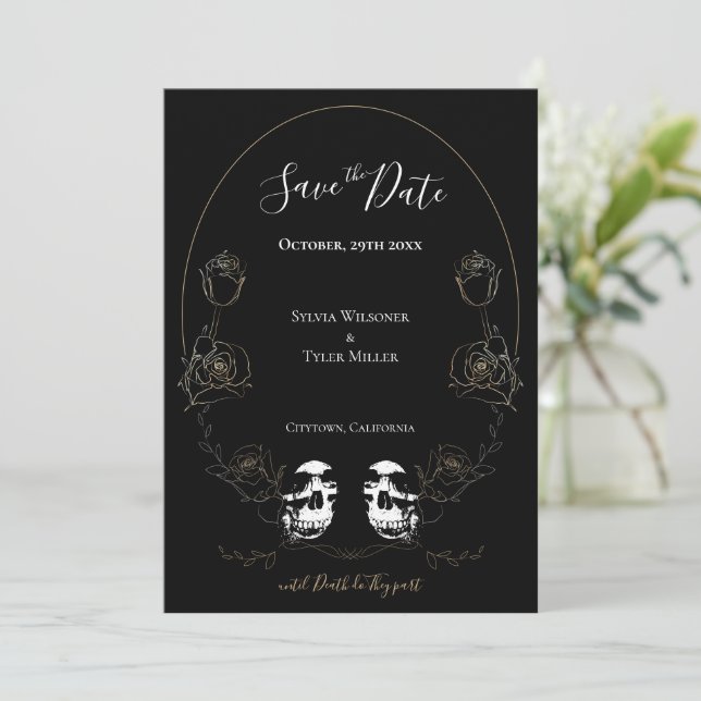 Skull Floral Black Gothic Wedding Save The Date (Standing Front)