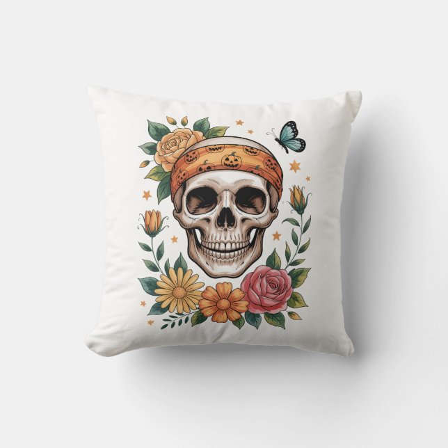 Skull Floral Halloween Spooky Cushion (Front)