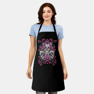 Skull floral, skeleton watercolor pink ,Halloween. Apron