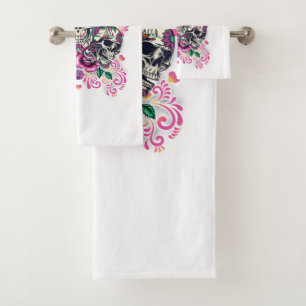 Skull floral, skeleton watercolor pink ,Halloween. Bath Towel Set