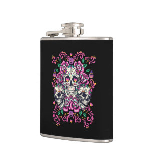 Skull floral, skeleton watercolor pink ,Halloween. Hip Flask