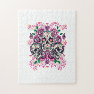 Skull floral, skeleton watercolor pink ,Halloween. Jigsaw Puzzle