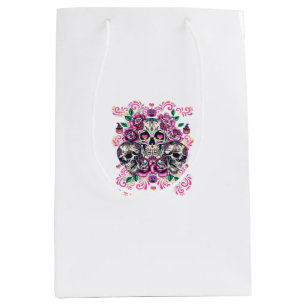 Skull floral, skeleton watercolor pink ,Halloween. Medium Gift Bag