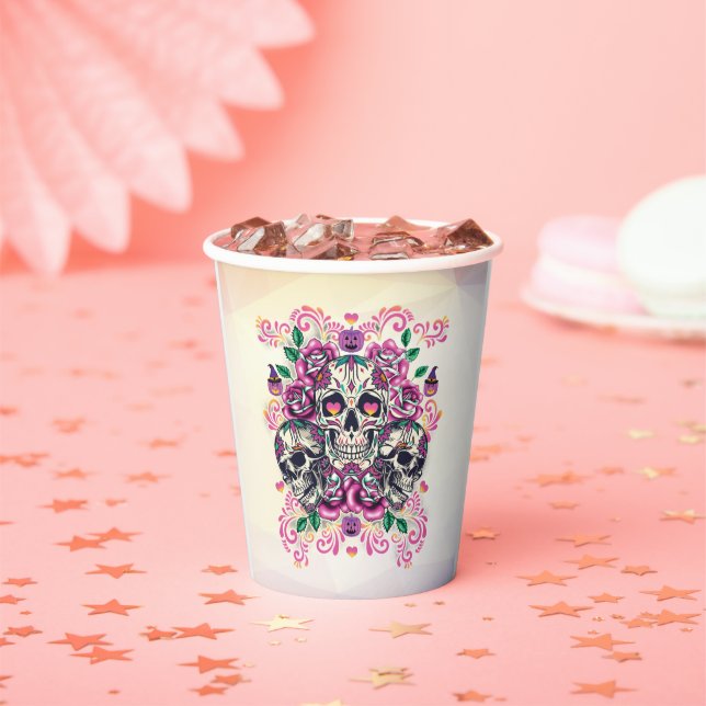 Skull floral, skeleton watercolor pink, Halloween Paper Cups (Insitu)