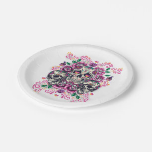 Skull floral, skeleton watercolor pink ,Halloween. Paper Plate