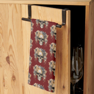 Skull Flowers Burgundy Pattern Halloween Tea Towel