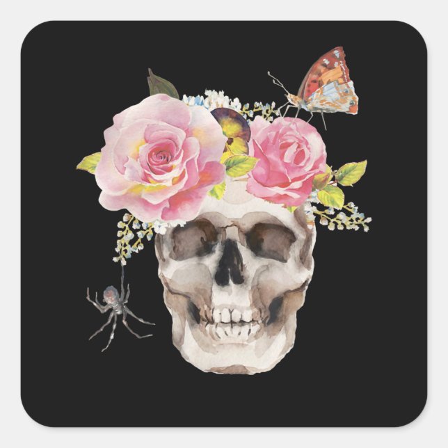 Skull Flowers Butterfly Spider Halloween Gift Square Sticker (Front)