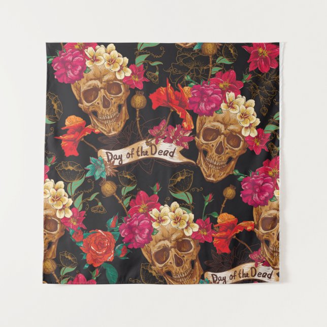 Skull Flowers Day Dead Background Tapestry (Front)