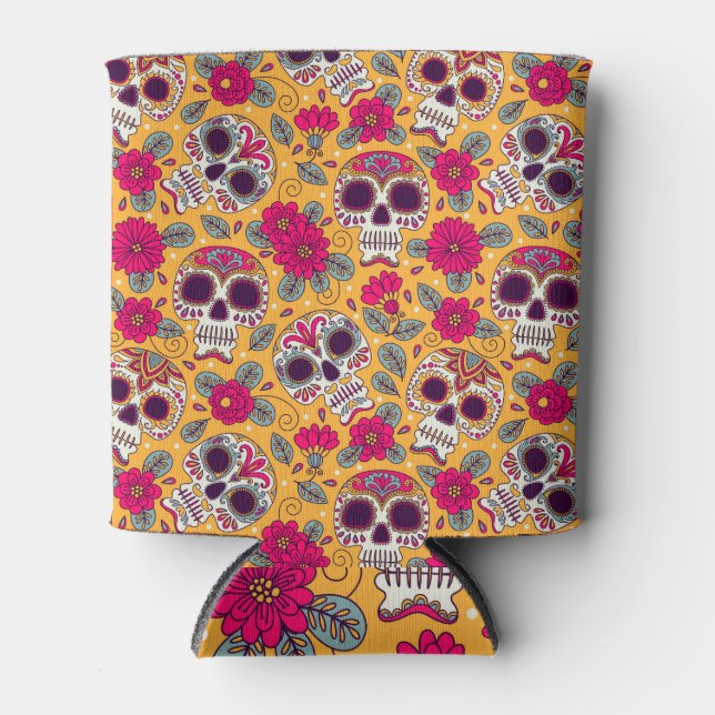 Skull Flowers: Mexican Day Background Can Cooler (Front)